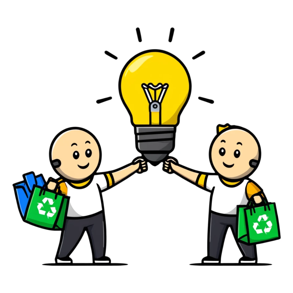 a lightbulb and a battery holding hands, each with recycling bags, walking to recycle sticker