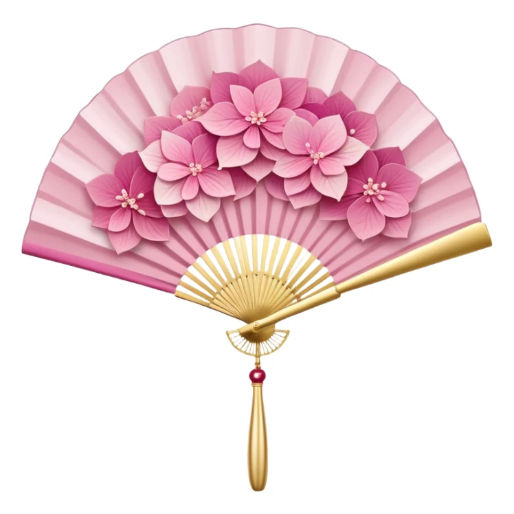 Japanese style pink hydrangea (ajisai) flower arranged like traditional uchiwa fan design, with gold accents, rinpa style pattern background, elegant composition sticker