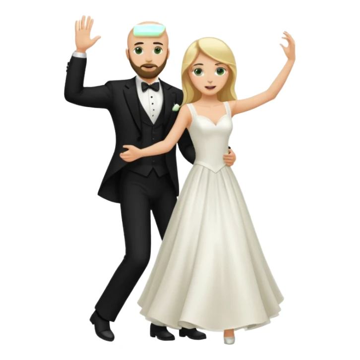 blonde haired green eyed bride and bald headed groom with dark beard dancing sticker