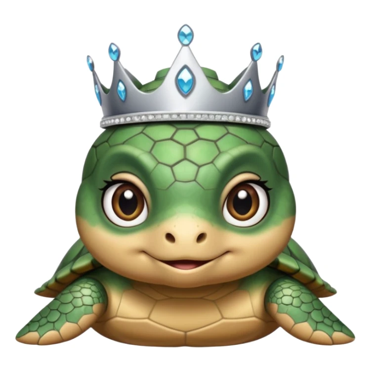 a cute domestic turtle with big eyes and with a silver tiara sticker