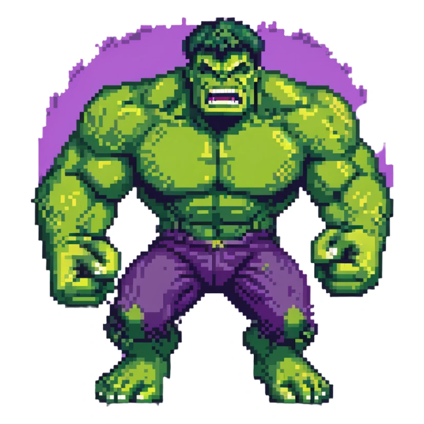 Hulk smashing with powerful fists, green superhero breaking ground, action pose, angry expression, retro video game style sticker