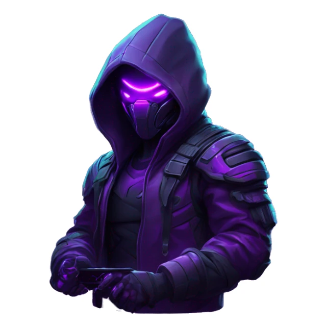developer behind his laptop with this style : crysis Cyberpunk Valorant neon glowing bright purple character purple violet black hooded assassin themed character sticker