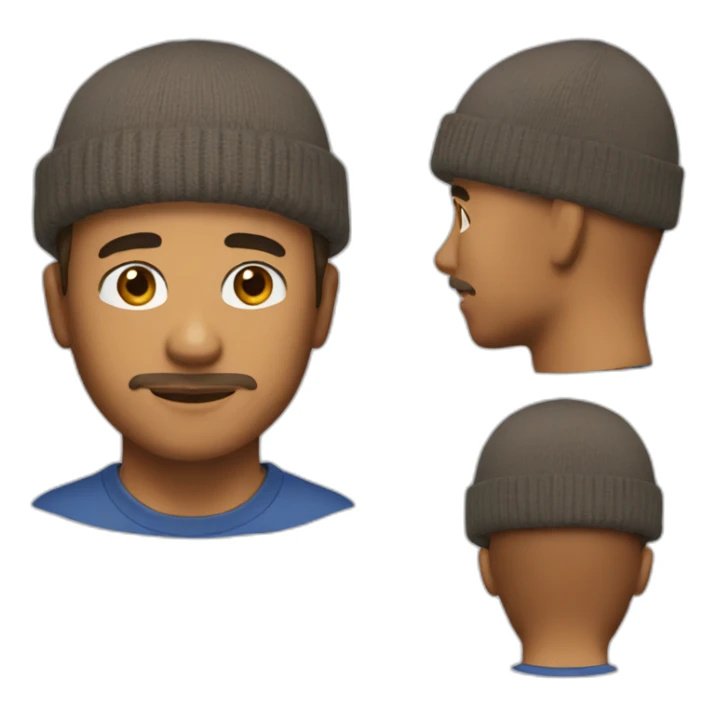 man with stubble, bangs, brown hair, beanie, t-shirt sticker