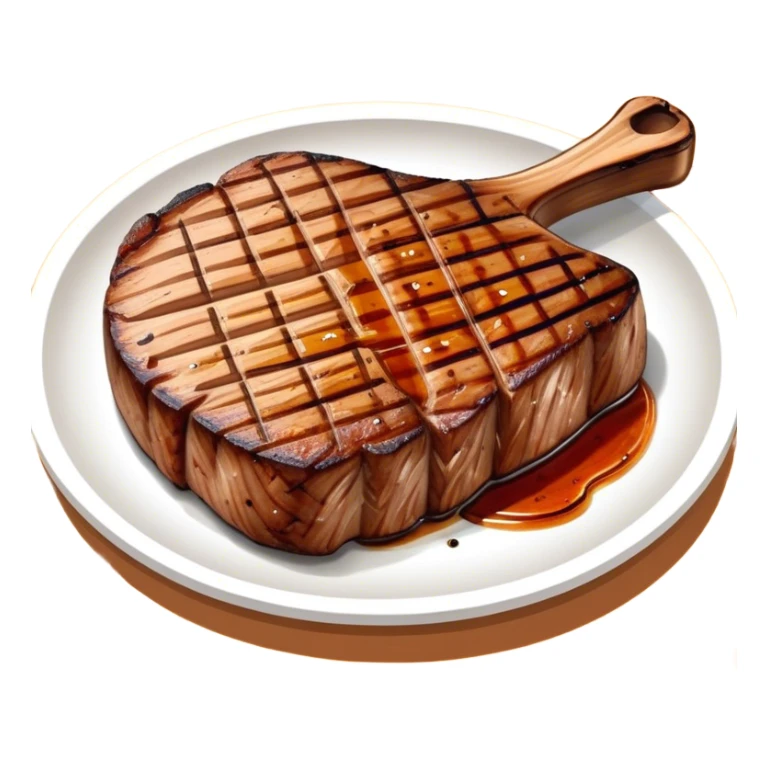 Cinematic thick-cut scotch t-bone steak, perfectly seared with grill marks, a grilled center, rich and savory, warm glow, sizzling and mouthwatering, highly detailed and appetizing. sticker