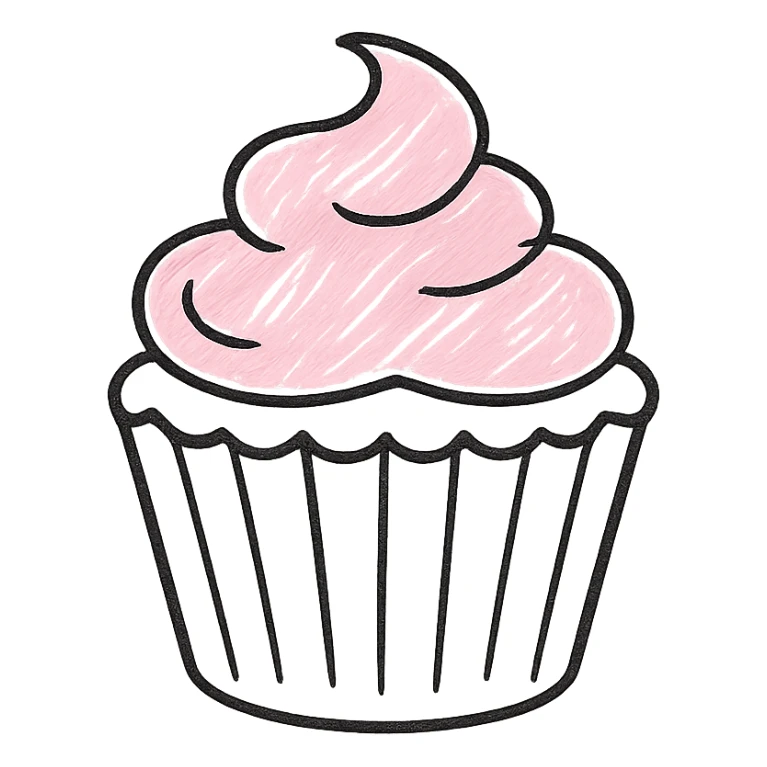 cupcake with pink icing, hand drawn outline style sticker