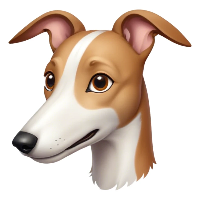 Cinematic Cute White and Brown Greyhound Portrait Emoji, Head tilted playfully and inquisitively, featuring a smooth white Fur with vibrant brown accents and round, sparkling eyes filled with curiosity, Simplified yet irresistibly adorable features, highly detailed, glowing with a warm, friendly glow, high shine, affectionate and nimble, stylized with a touch of whimsy, bright and endearing, soft glowing outline, capturing the essence of a mischievous yet loving racer, so playful it feels like it could sprint out of the screen and into your arms! sticker