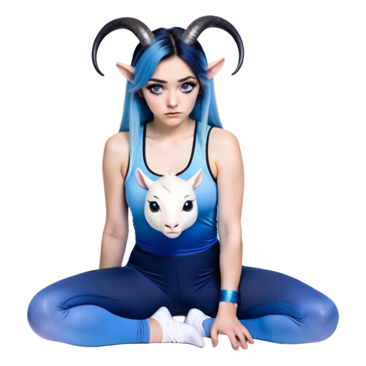 Disapponted-big tears-head back texting on phone-very very large upper body-sexy face-bending forward at waist-very long very straight dark blue to light blue ombre hair-and-blue eyes-thick black eyeliner-cute goat horns-iridescent blue lowcut tanktop with black leggings with glitter superman logo sticker