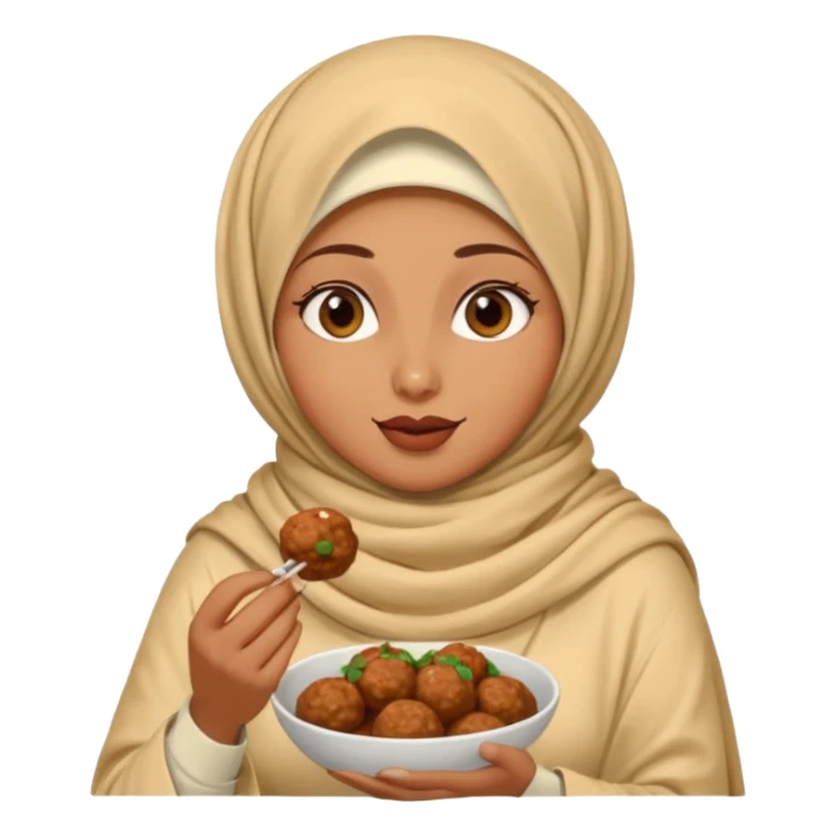 woman wearing a cream colored pashmina hijab eating meatballs sticker