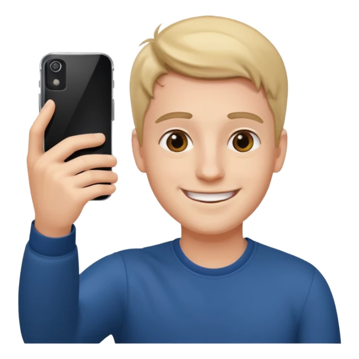 young manwith phone in histhand, happy, selfie style. @emoji sticker