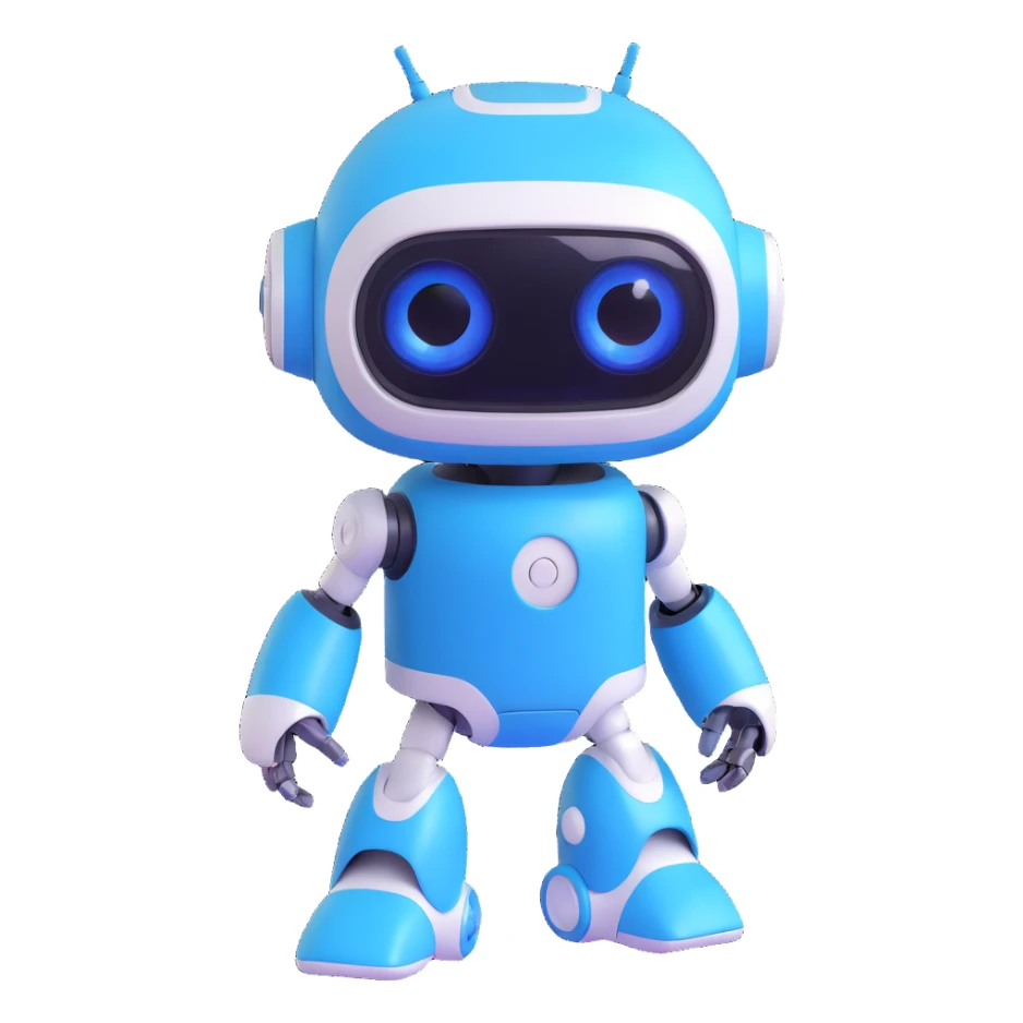Astro Bot from PlayStation, cute robot with blue and white body, expressive digital eyes, playful pose, modern 3D style sticker