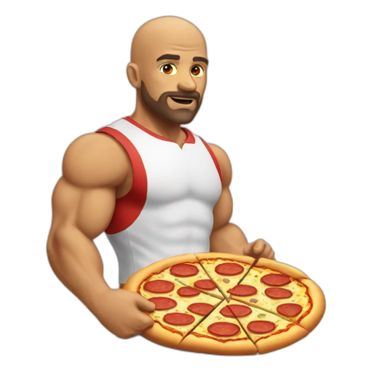 muscular bald man with short beard eating a pizza sticker