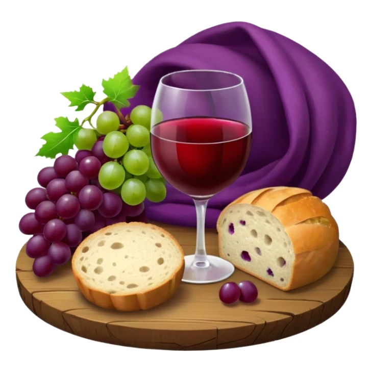 Please make a wine glass with a red cloth, make some grapes and a whole round loaf of bread, and place them on an elegant board. sticker