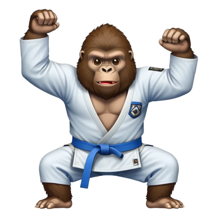 Gorilla in a jiu jitsu gi with a blue belt sticker
