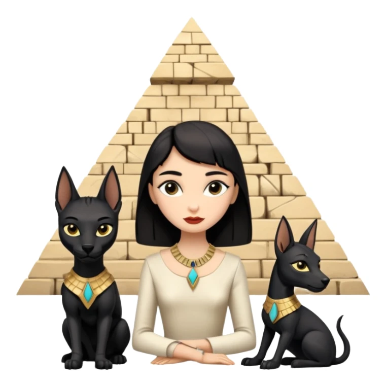 Kindly mannered real Audrey Hepburn cleopatra Protecting silky black-haired tiny slave statuette scale feral Anubis and pyramid scenery stone-age cracked irregular dwelling  sticker