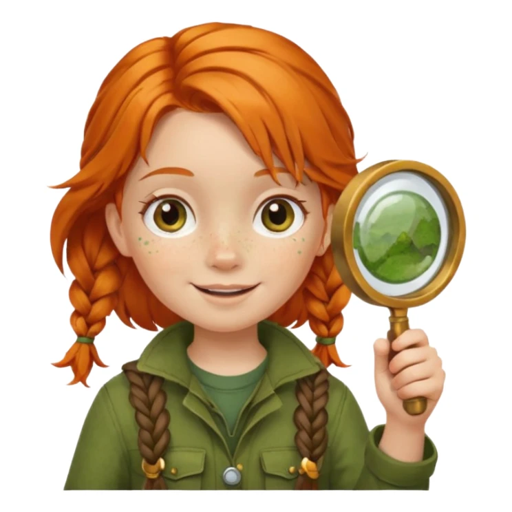 braid orange haired girl kid in moss green explorer outfit, holding magnifying glass, smile sticker
