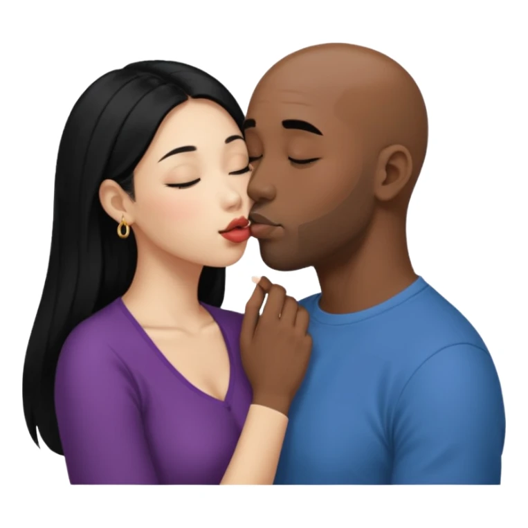 Bald black man with short beard deeply kissing, tonguing each other with open mouth. She is a shorter younger looking asain women. She has long black hair down to her elbows and a nose ring sticker