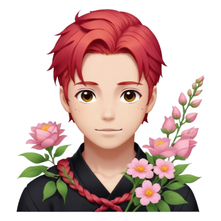 red hair with a thin braid on the side anime style handsome sexy gojo guy with blushing face and flowers aesthetic trending style outside sticker
