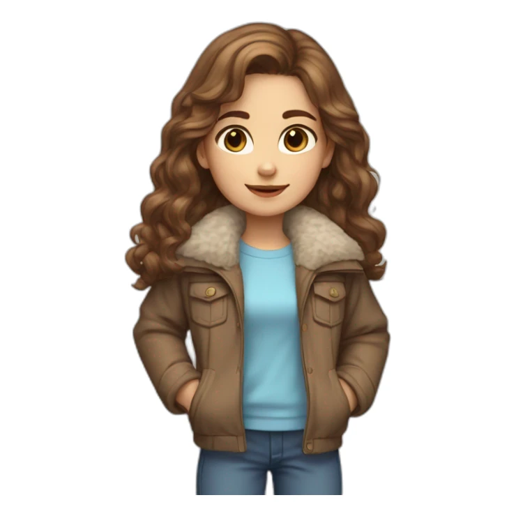 Girl, slightly curly long brown hair, light blue eyes, blue jacket with fur sticker