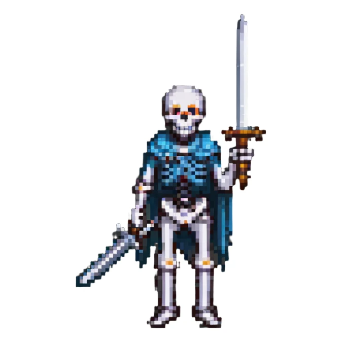 pixel art skeleton with a raised sword, classic RPG style sticker