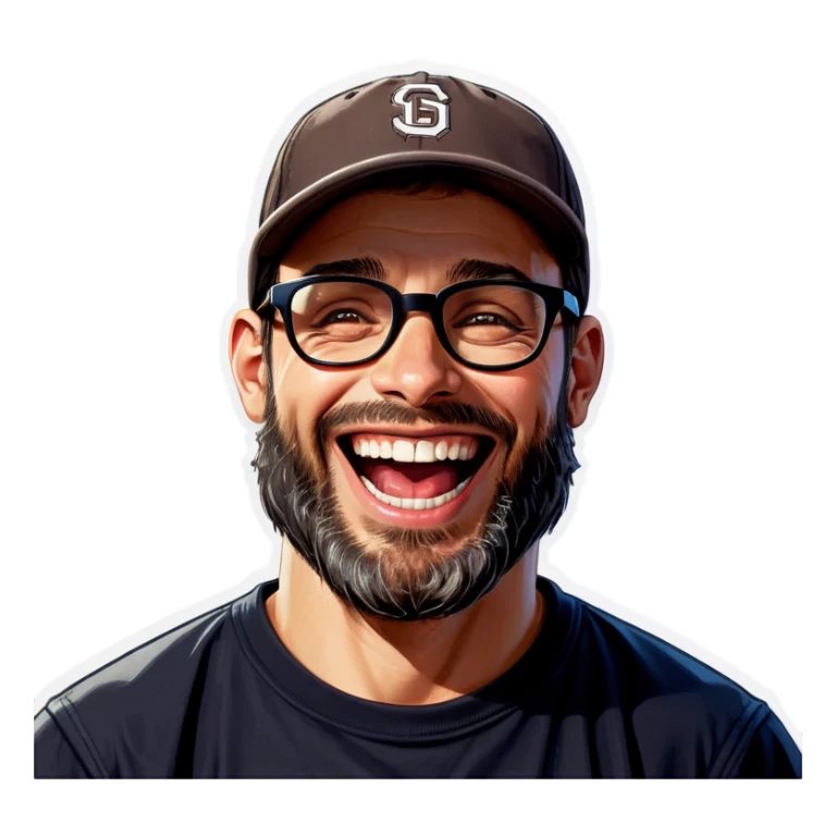 A man with a grey baseball cap, hazel eyes, big dark brown beard and glasses, laughing sticker
