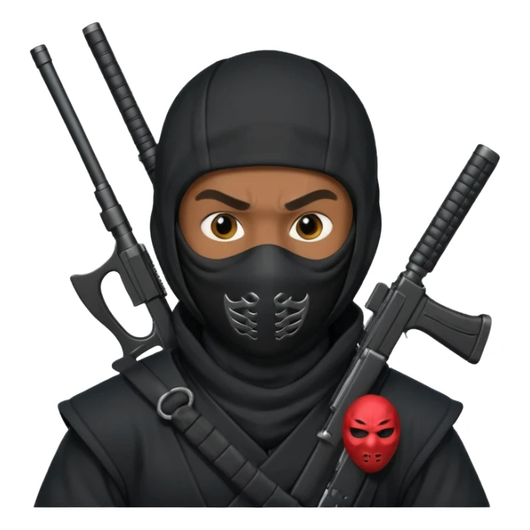 A black male in a ninja mask with a gun sticker