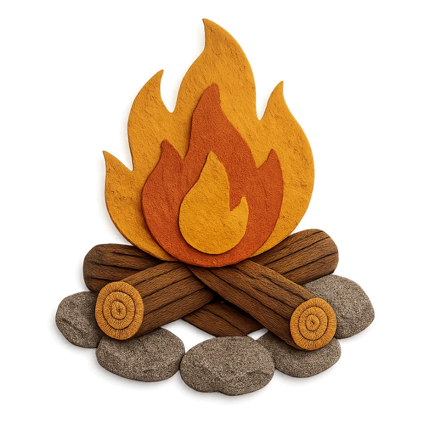 very detailed campfire, highly textured flames, realistic wood logs, textured rocks surrounding the fire, paper craft style sticker