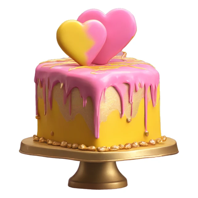 Realistic pink and yellow heart shaped layered cake with metallic gold icing dripping down the cake. sticker