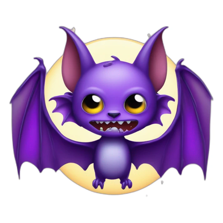 purple and black mad face vampire bat cartoon sparkle eyes wings flying in front of large dripping crescent moon sticker
