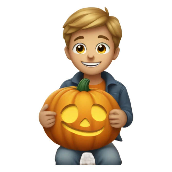 blue eyes boy sitting with pumpkin smile sticker