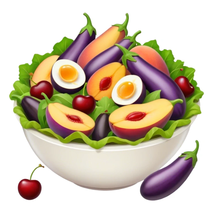 Salad in a salad bowl with only eggplants, cherries and peaches. sticker