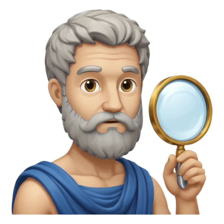 Dios griego con barba estilo estatua de color gris, de perfil mirando con una lupa de sticker