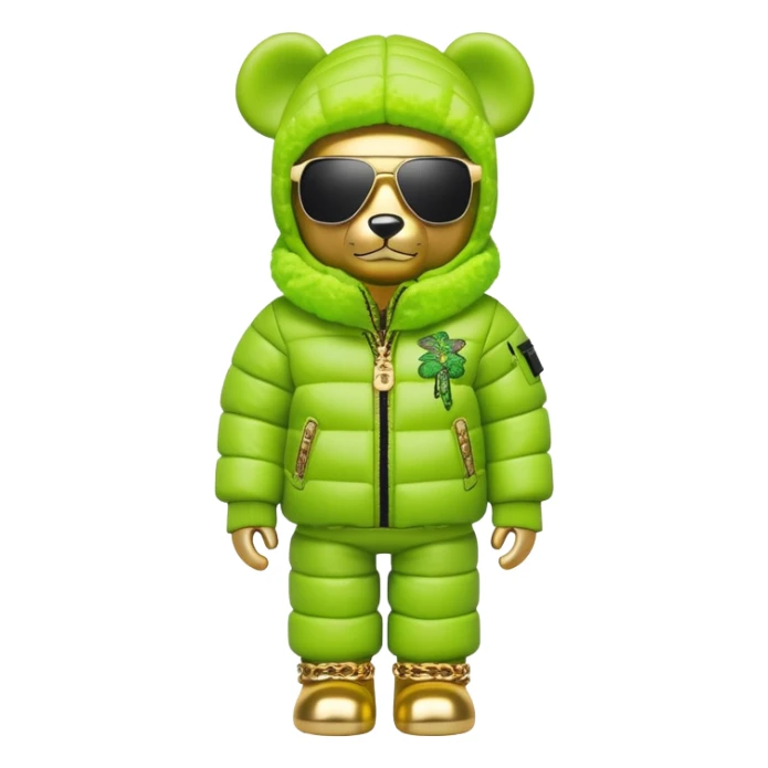 bearbrick figure with lime green grafitti-covered balaclava, voluminous puffer jacket with fur trim, single-piece wrap-around sunglasses, heavy gold chains, luxury streetwear style sticker