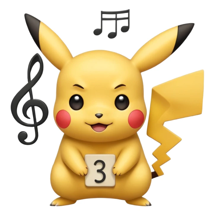 cute Pikachu Pokémon, flat style, rounded expressive face, yellow and black colors, musical note accent, no 3D or shading sticker