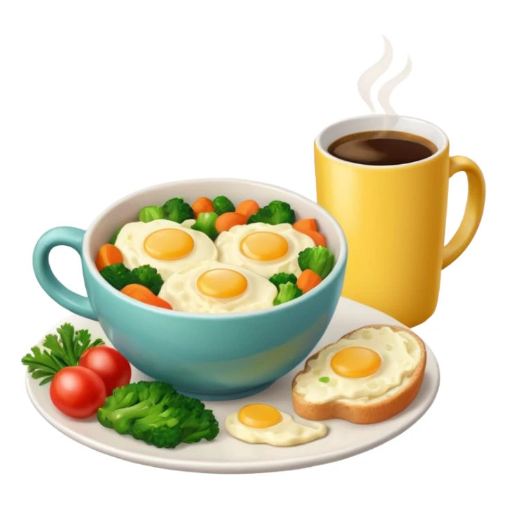eggs with veggies and one coffee in cute mug on the side sticker