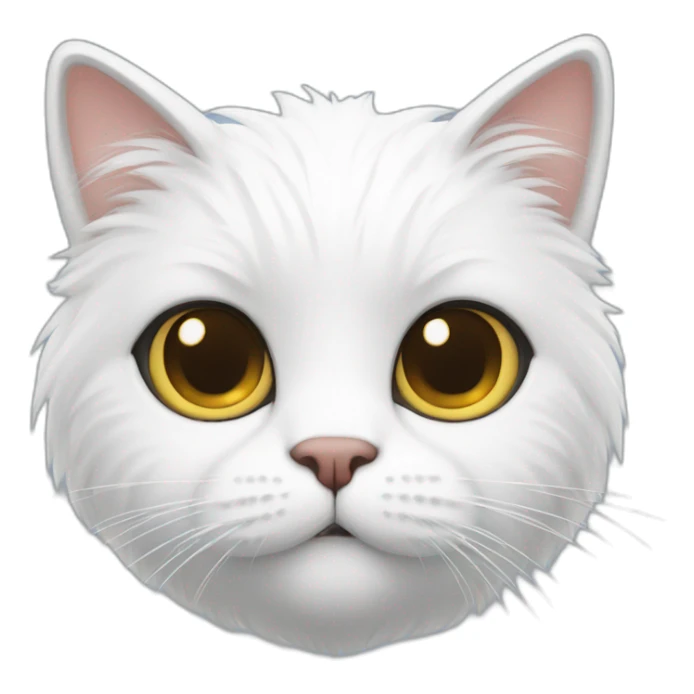A white furry cat with a questions mark sticker