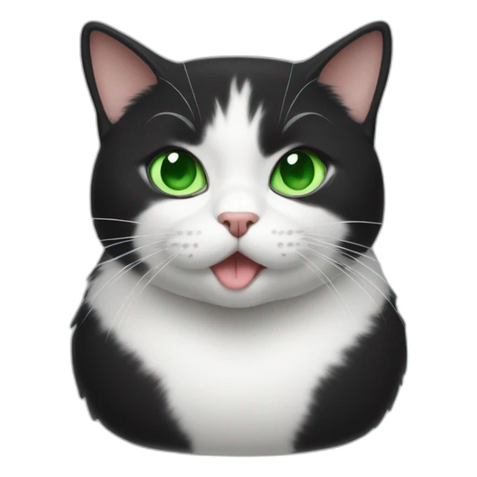 Black and white, cat, fat, green eyes, tongue out, cute sticker