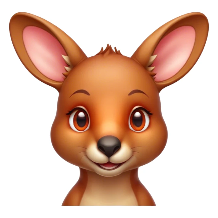 Cinematic Cute Kangaroo Portrait Emoji, Head tilted playfully and inquisitively, featuring a glossy red-orange fur with soft, rounded ears and round, sparkling amber eyes full of curious mischief, Simplified yet irresistibly adorable features, highly detailed, glowing with a warm, friendly glow, high shine, affectionate and bouncy, stylized with a touch of outback whimsy, bright and endearing, soft glowing outline, capturing the essence of a mischievous yet loving kangaroo, so playful it feels like it could hop out of the screen and into your arms! sticker