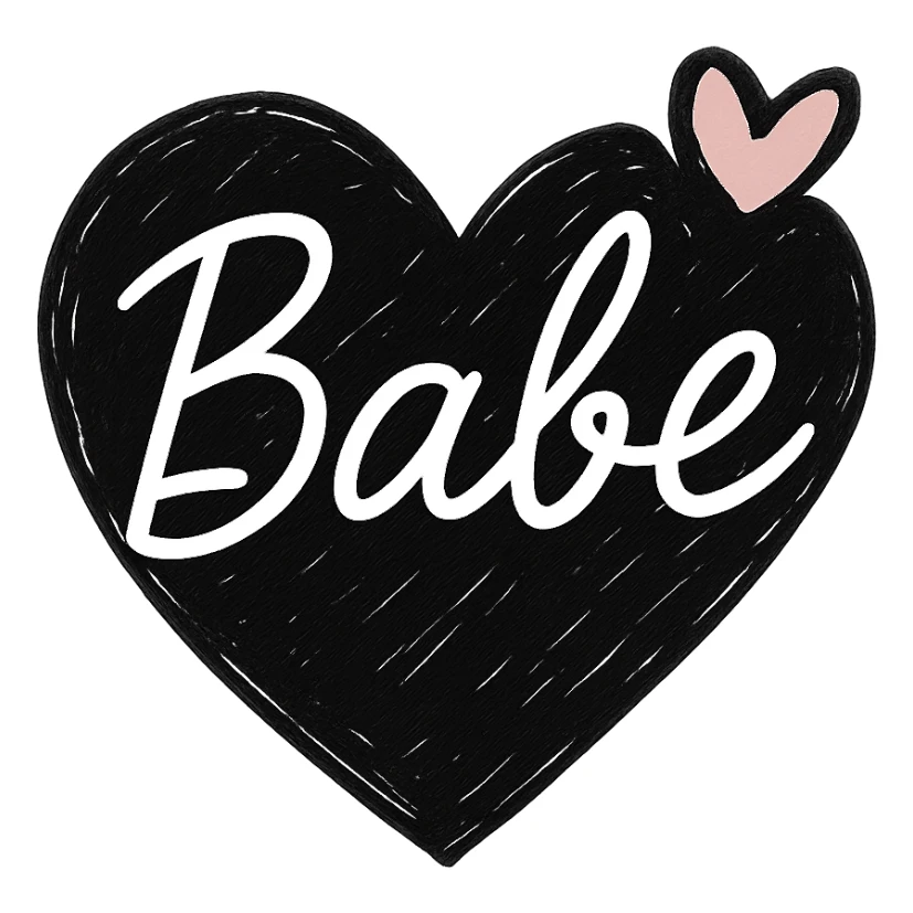 Add a pink accent, such as a small pink heart or underline, to the design. Keep the word 'Babe' in elegant white cursive on a black heart, hand-drawn, high contrast, with no background. sticker