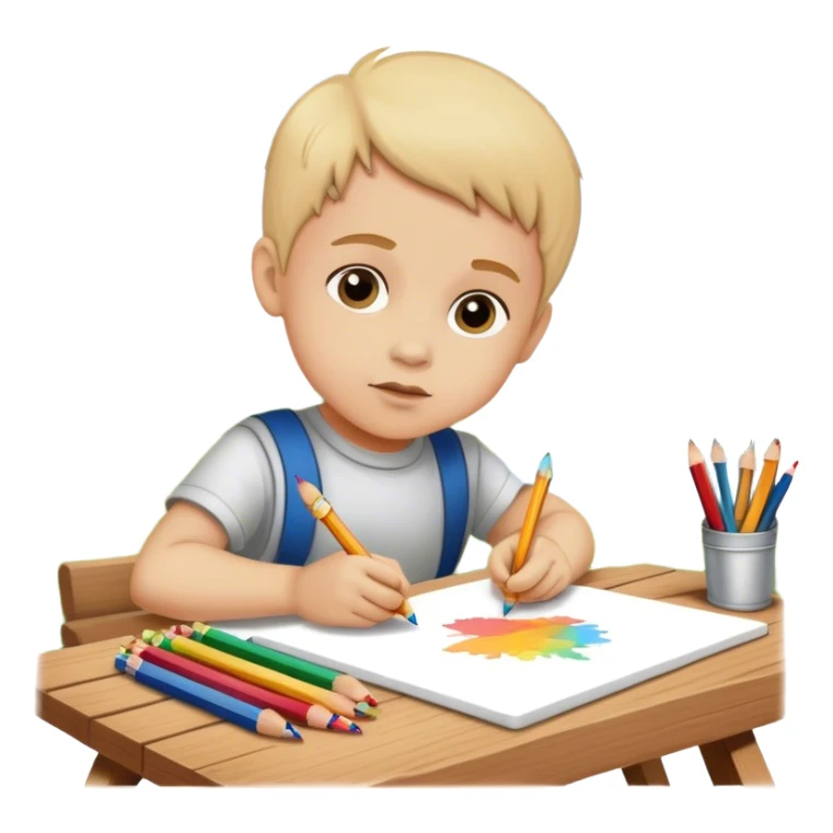 little boy drawing with pencils on white paper and wooden board outdoors sticker