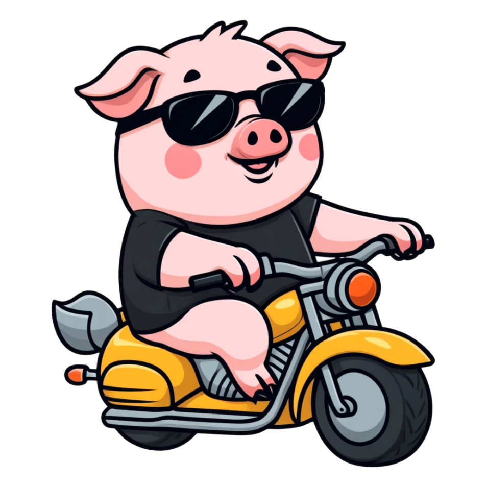 Pig wearing black t-shirt and sunglasses riding a motorcycle sticker