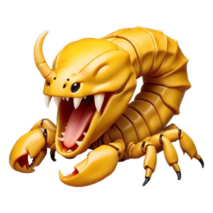 Cinematic Cute Yawning Emperor Scorpion Portrait Emoji, Head tilted slightly with a dramatic, wide-open yawn, showcasing a soft, textured exoskeleton with subtly drooping pincers and half-closed eyes in drowsy contentment, Simplified yet irresistibly adorable features, highly detailed, glowing with a soft, cozy glow, high shine, relaxed yet expressive, stylized with a dash of desert charm, soft glowing outline, capturing the essence of a sleepy yet affectionate scorpion that seems ready to stretch out for a nap! sticker