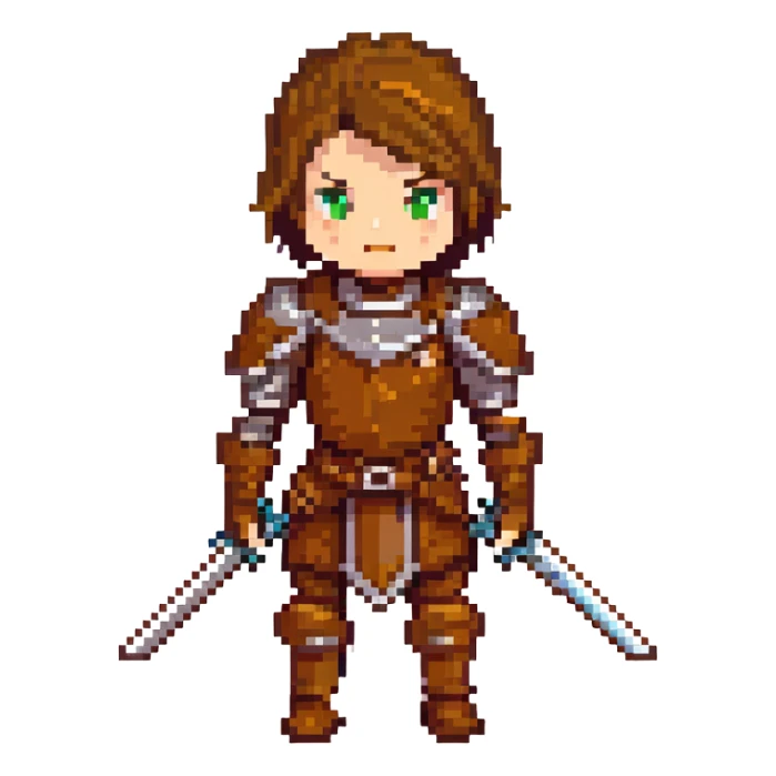 rogue character, brown leather armor, dual short swords, mysterious expression sticker