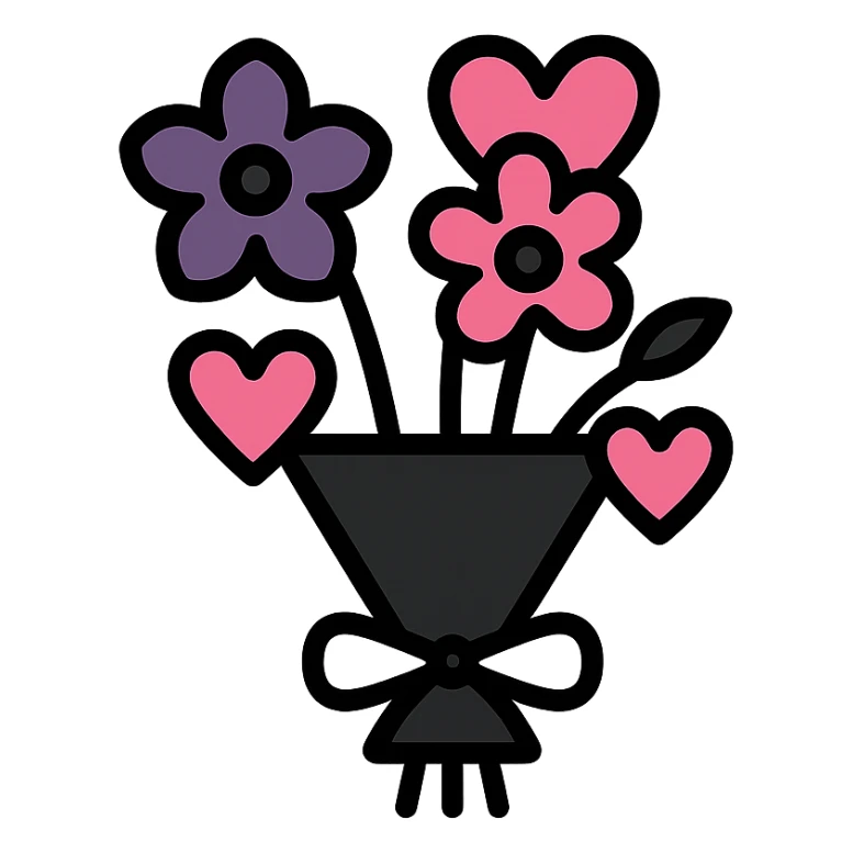 gothic bouquet, modern, clean lines, minimalistic, with heart accents, black, pink, and purple sticker