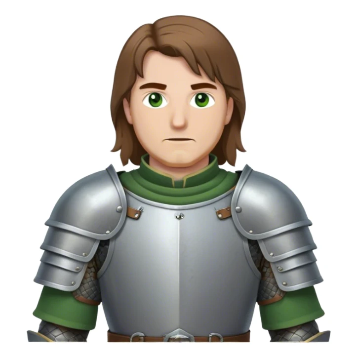 medieval battle armor worn by a DnD themed fantasy character. basic padded gambeson with metal pauldrons and a reinforced gorget. armor only above the waist. The armor full waist. The character's haven't arms. character is brown hair green eyes shoulder-length straight hair white man. sticker