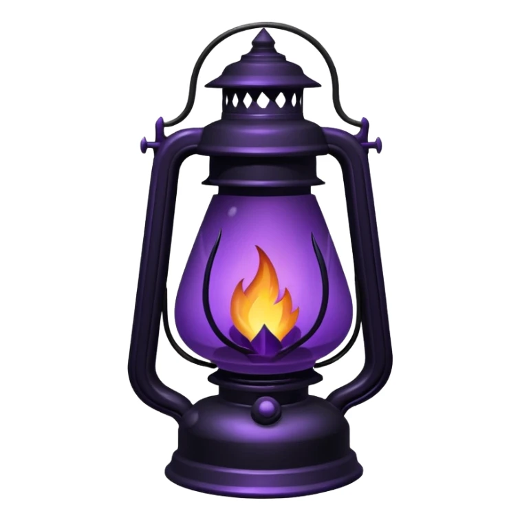 A Discord emoji of a dark violet flame burning inside a black iron lantern. The lantern has sharp, gothic edges and a small 'streak' of light emerging from it. Dark fantasy aesthetic, bold outlines, vibrant purple fire, white background, high detail but simple enough to be visible at 32x32 pixels. sticker