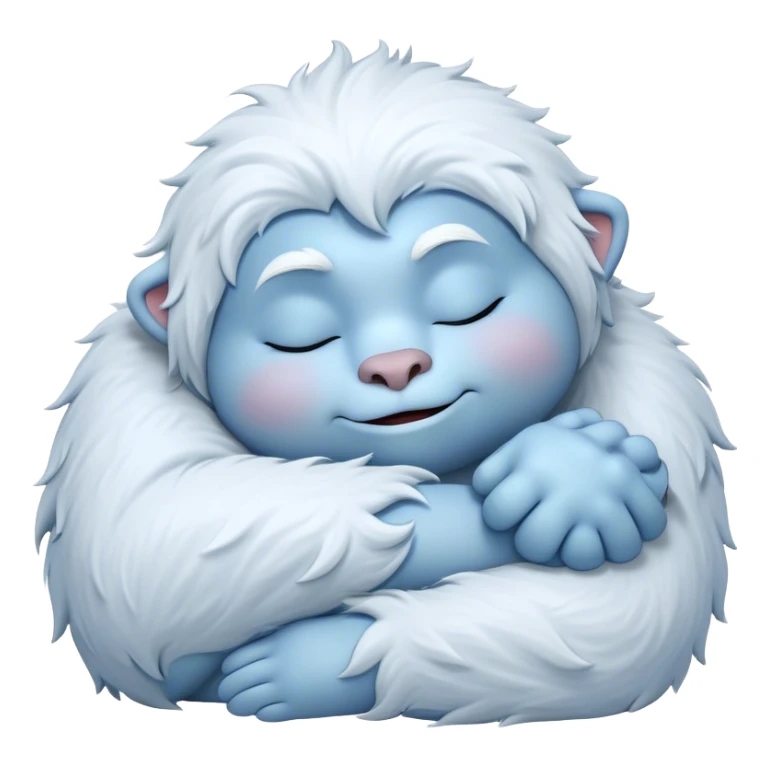 Meme-Worthy Cute Sleeping Yeti Portrait Emoji, with a charming, fluffy, snow-dusted figure in gentle whites and cool blues, head resting in blissful, serene slumber with closed, peaceful eyes and a small, contented smile, simplified yet irresistibly adorable, highly detailed with a soft frosty outline that captures the tender drowsiness of a yeti drifting into snowy dreams! sticker