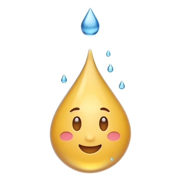 3D iPhone style emoji of a liquid drop falling, glossy and translucent, mid-air motion, isolated on white background, soft shadows, high detail, playful and cute. sticker