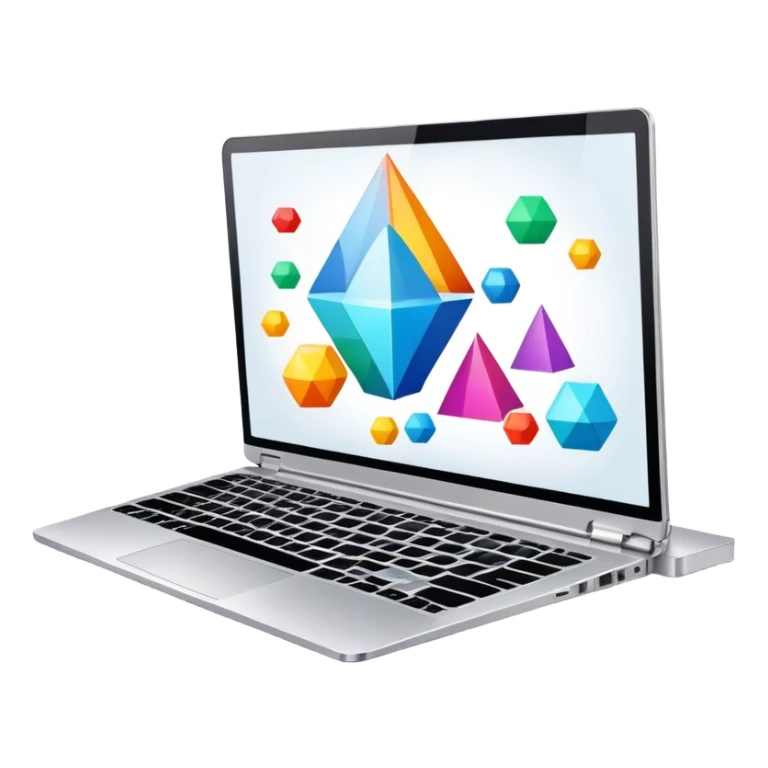 Professional icon for Graphic Design: a laptop with Photoshop open on the screen, displaying geometric shapes like spheres, cubes, and pyramids, along with a stylus. The icon should reflect the creative process in graphic design. Transparent background. sticker