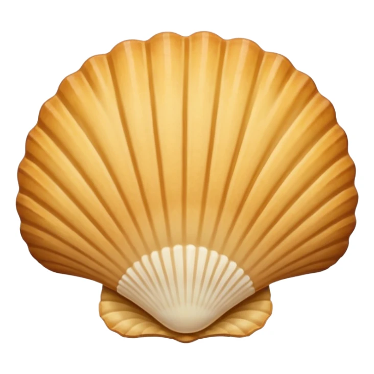 A madeleine pastry. Scalloped seashell shape with four to five vertical lines going in the same direction. Light golden brown. Scalloped edge. Cookie. Flat. Long. Oval shape sticker