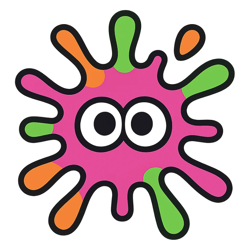 dynamic logo-style icon of a paint splatter with eyes, referencing Splatoon aesthetics, bold, colorful, graphic sticker
